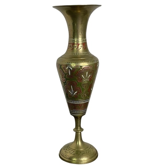 Vintage Brass Vase Decorative Floral Ornate Etched Accent Tall Pedestal Vase